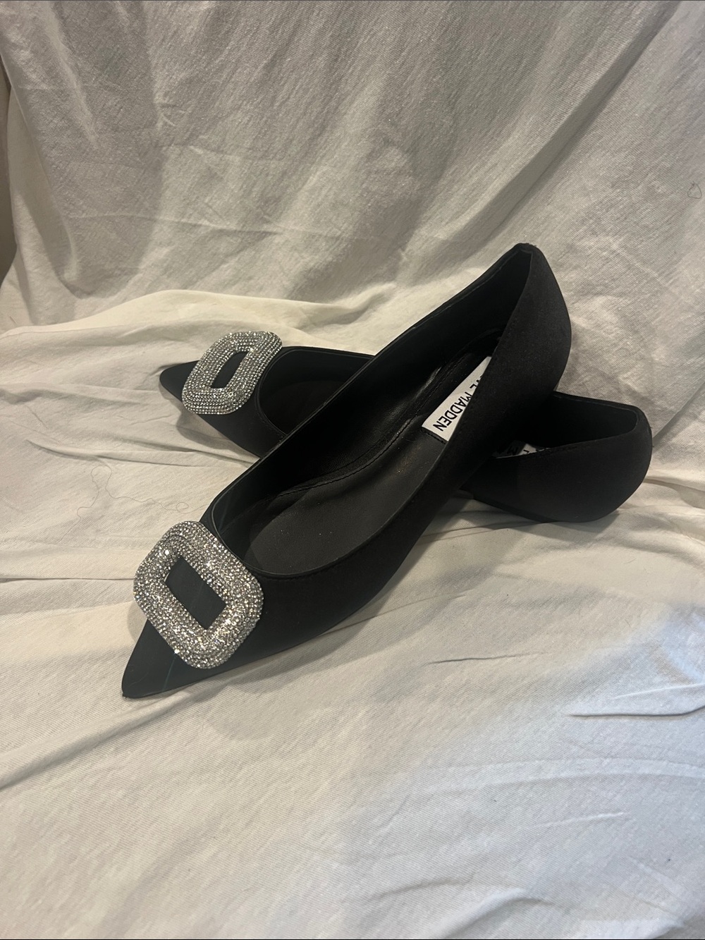 Steve Madden Black Pointed Toe Flats with Rhinestone Buckle